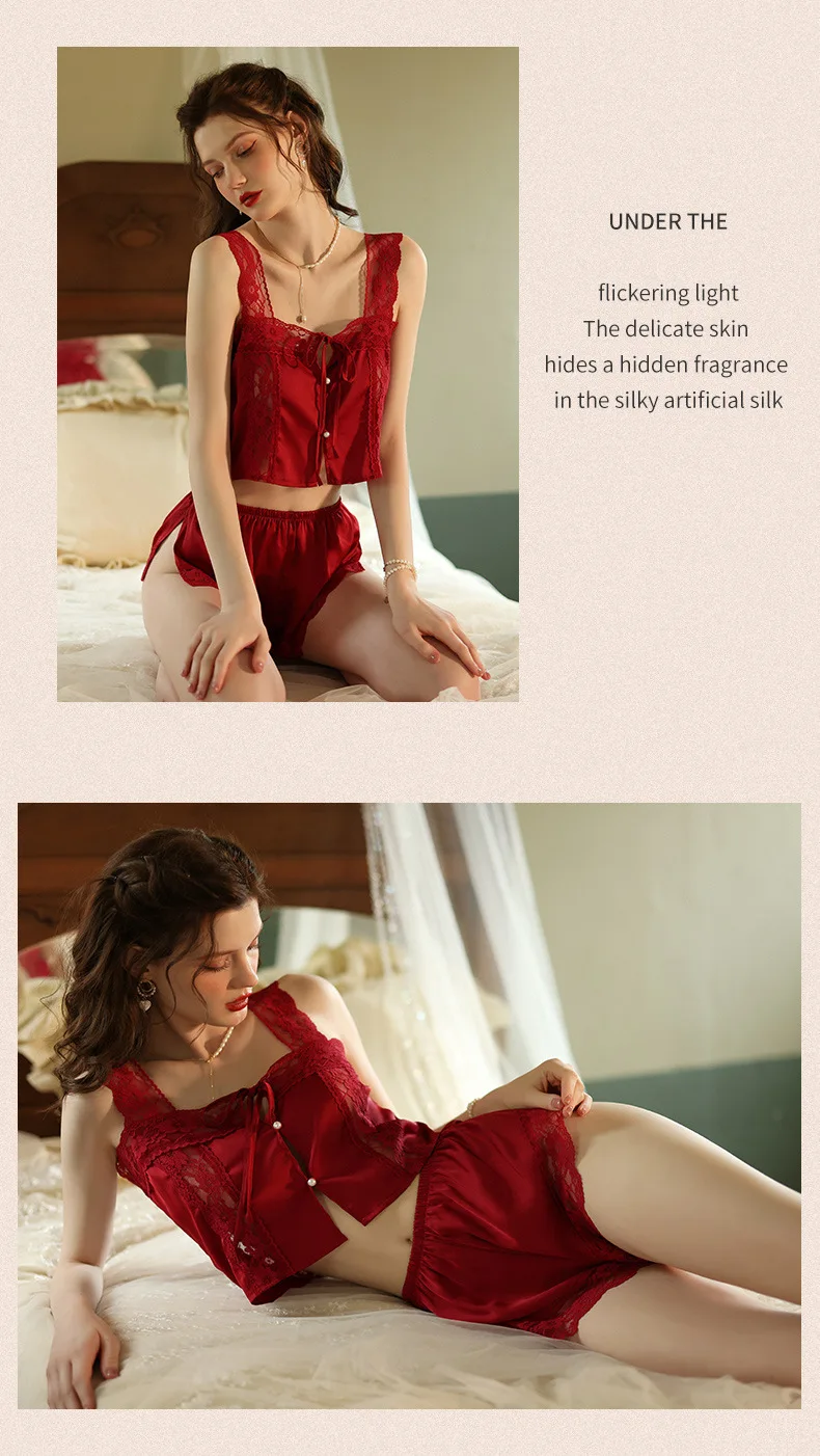 Short-sleeve Silk-like Sexy Comfortable Ice-silk Plaid Pajamas