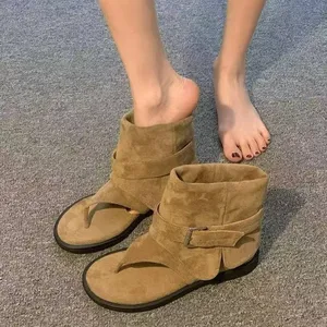 Belt Buckle Flip-Flops with Toe Opening Retro Style Spring Summer Sandals Flat Heel Suede Upper Material for Winter