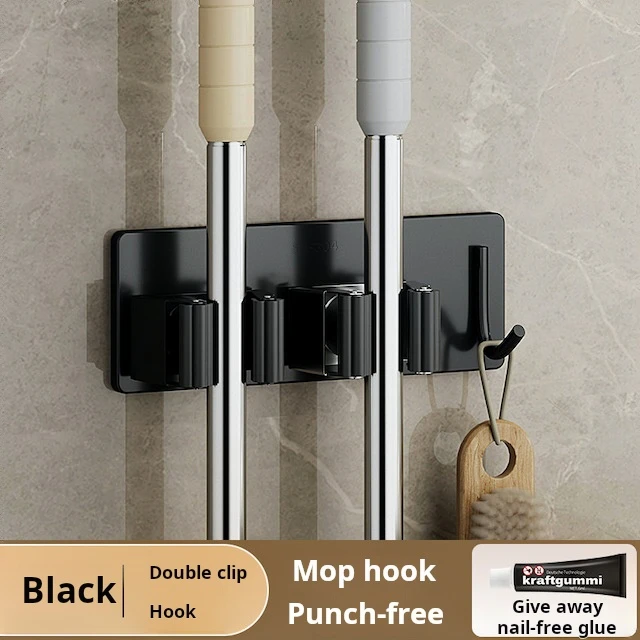 CUSTOM OEM Double Clip Mop Holder Wall Mount Space-Saving Stainless Steel Mop and Broom Holder with Hook Silver