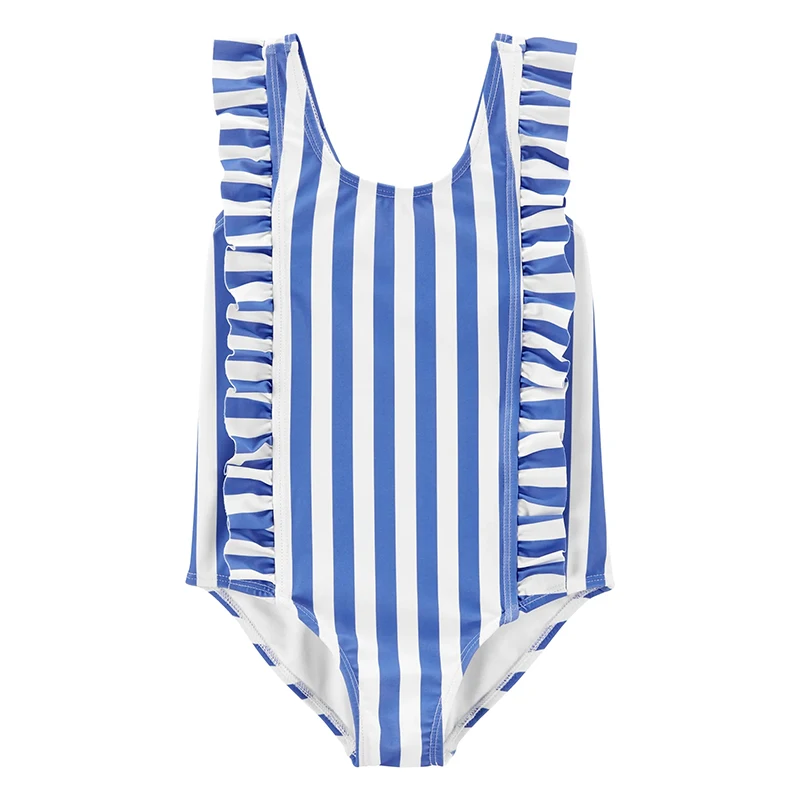 2023 Summer New Wholesale Ruffle Kids Bathing Suits Girl Blue And White Striped One Piece Swimsuit Girls