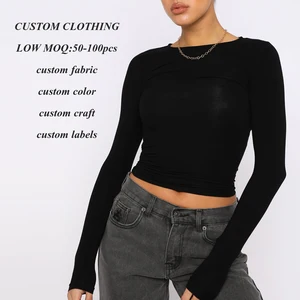Suppliers One Stop Custom High Stretch Slim Fit Cotton T-shirt Women Oem Print logo Basic Tees Long Sleeve Plain Blank t Shirts