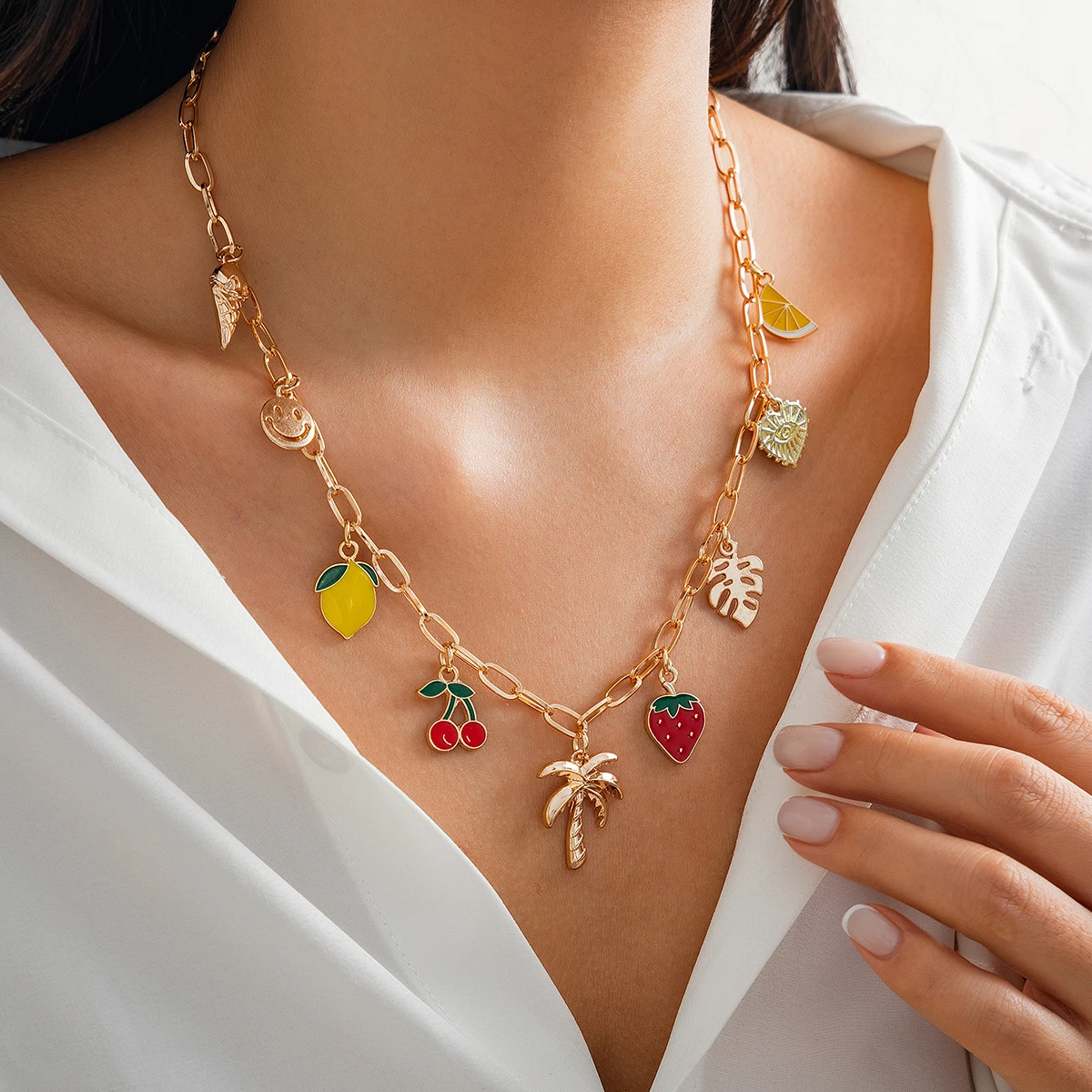 Bohemian Colorful Dripping Oil Fruit Coconut Tree Pendant Necklace for Women Creative DIY Boho Jewelry on Neck Accessories Gifts