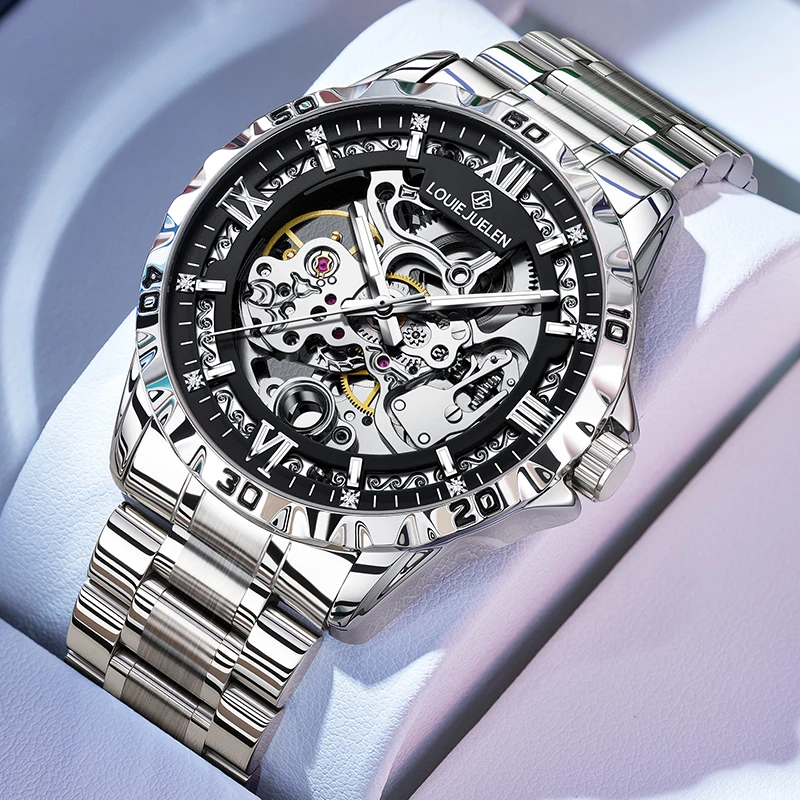 LOUIE JUELEN Men's Luxury Automatic Mechanical Watch 46mm Stainless Steel Band Waterproof Luminous Coin Charm Business Casual