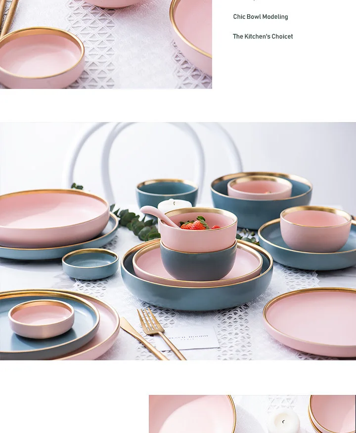 Factory Custom Ceramic Pink Color Dinnerware Sets Ceramic Tableware With Gold Rim Porcelain Plates for Banquet Event Party