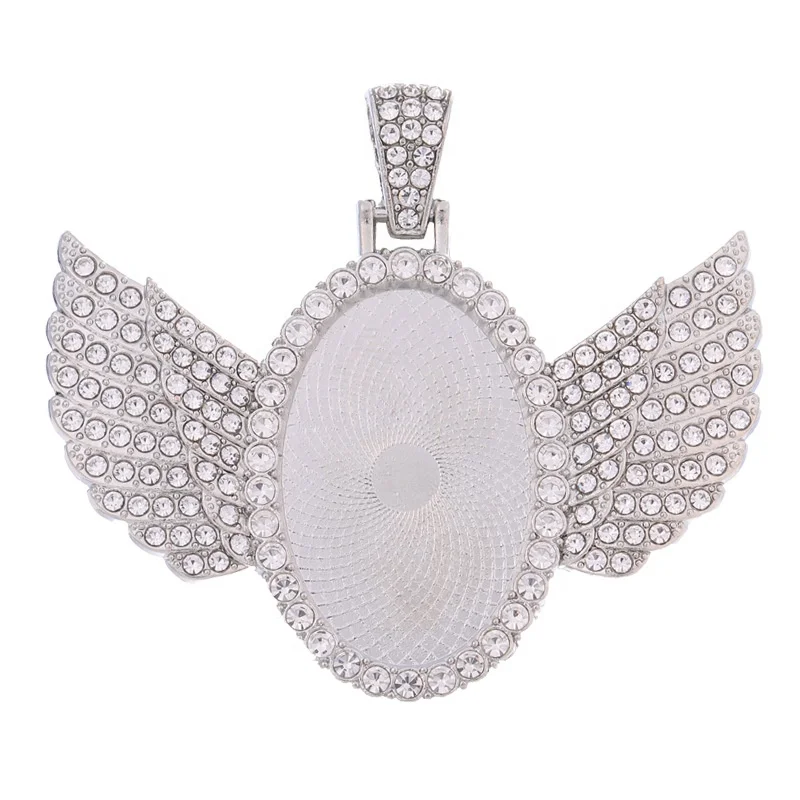 Hiphop Gold Picture Frame Charms Pendant Cabochon Tray with Crystal Angel Wings Oval Blank Bezel & Memory Diamond Made of Alloy