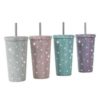 2024 Custom Sparkle Bedazzled Diamond Studded Tumbler Double Wall Stainless Steel Glitter Bling Rhinestone Tumbler With Straw