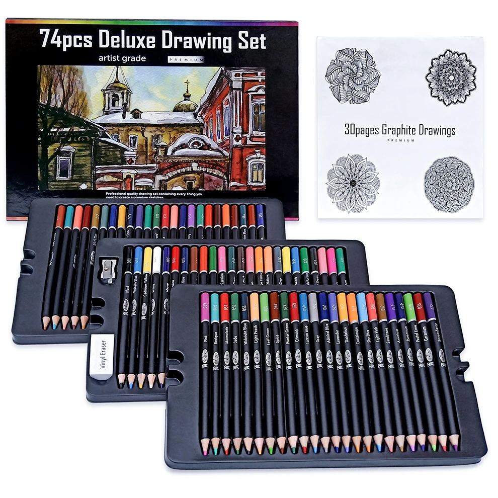 Drawing Art Set 74pcs 72 Colored Pencil Drawing Set with Coloring Book