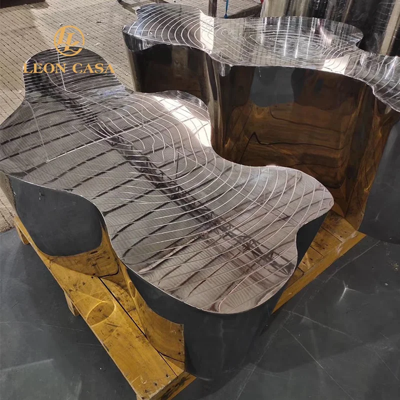 Unique Design Etching Top Tree Trunk Shape Center Table Luxury Stainless Steel Gold Coffee Table