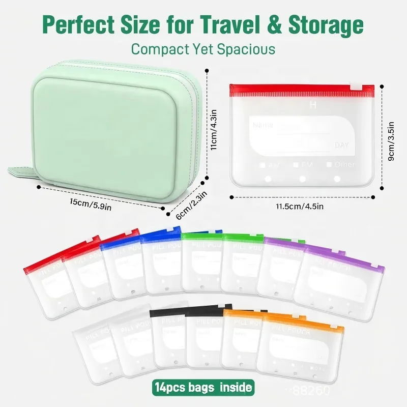 Portable Waterproof Food Grade Silicone Storage Bag with 14 Removable Color-Coded Pouches Travel Organizer