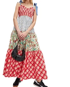 2026 Summer New Style French Fashion Sweet Ruffles Woven Washable Fitted Women's Patchwork Printed Strap Dress in Stock