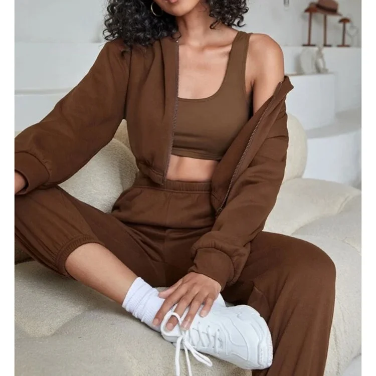F230100 Custom Hoodies Solid Color Custom 3 Piece Crop Top Jogger Set 2025 Three Piece Zipper Hoodie Set Lounge Wear Sets Women