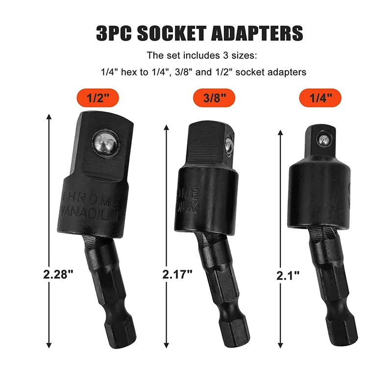 Flexible Drill Bit Extension Set with Right Angle Drill Attachment 1/4 3/8 1/2" Impact Grade Socket Adapter Sets