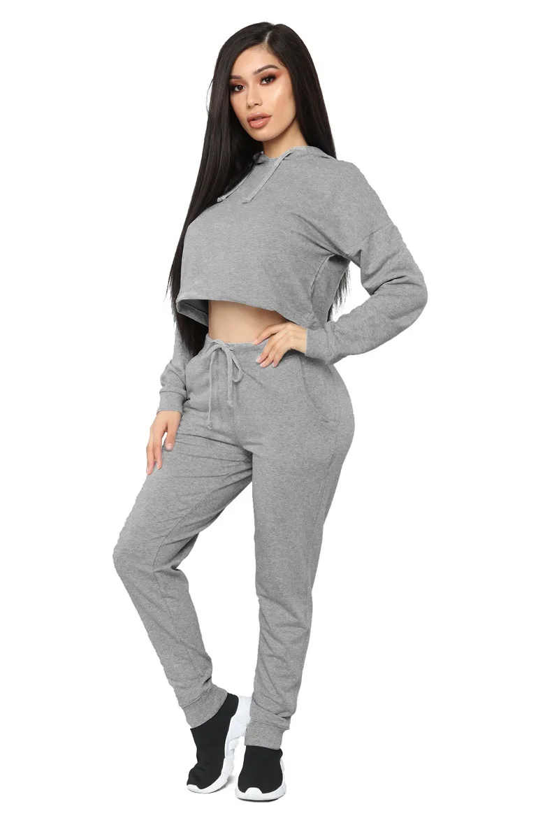 high quality fashion pullover cropped hoodie set solid color womens sweatshirt set