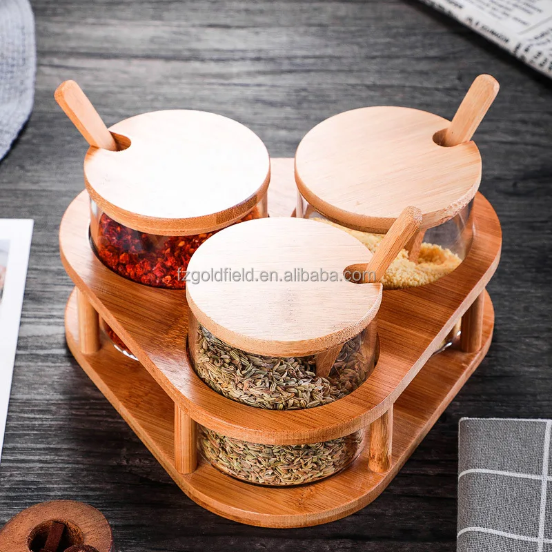 Cylindrical Seasoning Box Bamboo Lid Cooking Tools Glass Salt Jar Sugar Milk Powder Spices Storage Case Condiment Pot for Home