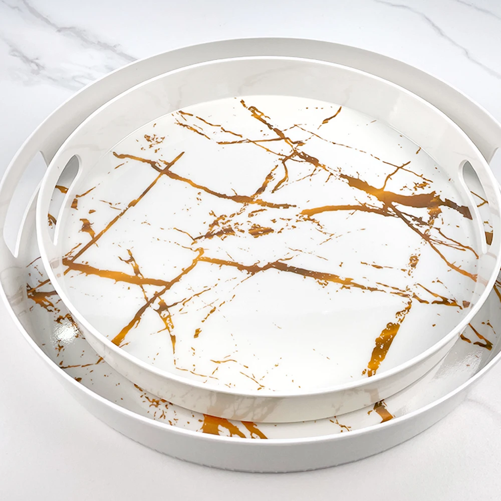 New Arrival Custom Seamless Marble Design White Gold Stamping Restaurant Unbreakable Bulk Nordic Melamine Tray