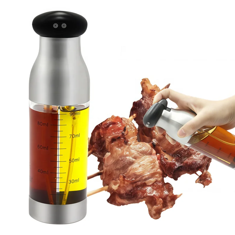Creative 2-in-1 Oil Sprayer Bottle Stainless Steel Dual-nozzle Oil Bottle Olive Oil Vinegar Dispenser for Cooking BBQ Baking