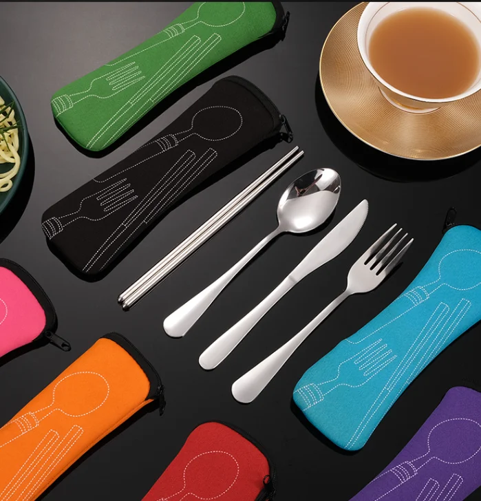 Stainless Steel Flatware Durable  304 Spoon Fork Knife With Cloth Pouch 3pcs or 4pcs Cutlery Set