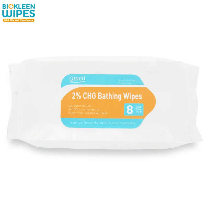 Biokleen Custom Free Sample 8pk Disposable Ultra-soft 2% Chlorhexidine Gluconate CHG Cloths Bathing Wipes