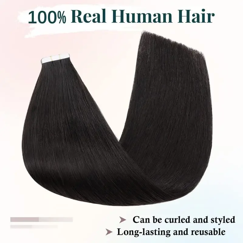 Extension per capelli lisci con nastro adesivo 100% capelli umani Remy, extension per capelli con trama di pelle senza cuciture, capelli neri naturali per donne, nastro adesivo_voghion.com