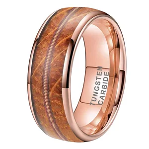 Coolstyle Jewelry 8mm Whisky Barrel Wood Guitar String Inlay Rose Gold Tungsten Ring Men Women Fashion Engagement Wedding Band