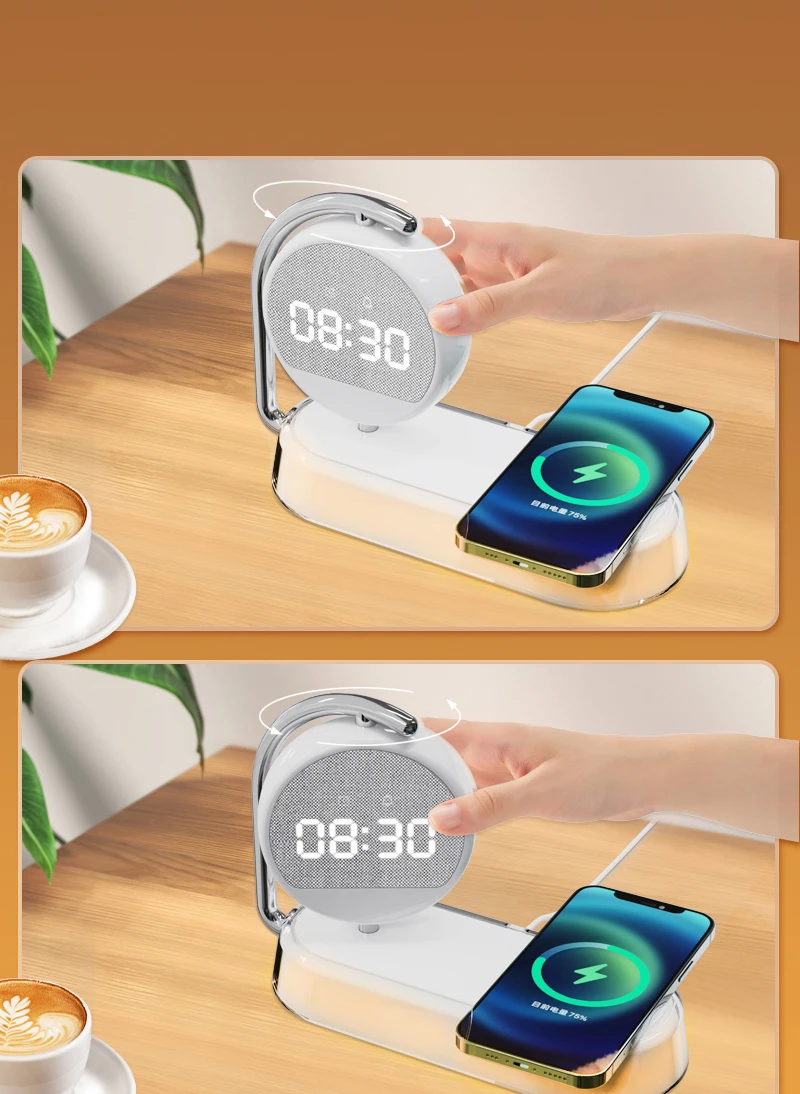 Multifunctional  LED Desktop 15W 3 in 1 Wireless Charger Alarm Clack Night Light Dock Foldable Qi Charger for iphone 15 Dropping