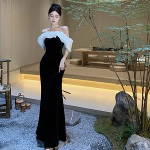 Party Banquet Dress Velvet One Line Neck Slim Fit Wrap Hip Dress Long Party Style Ladies