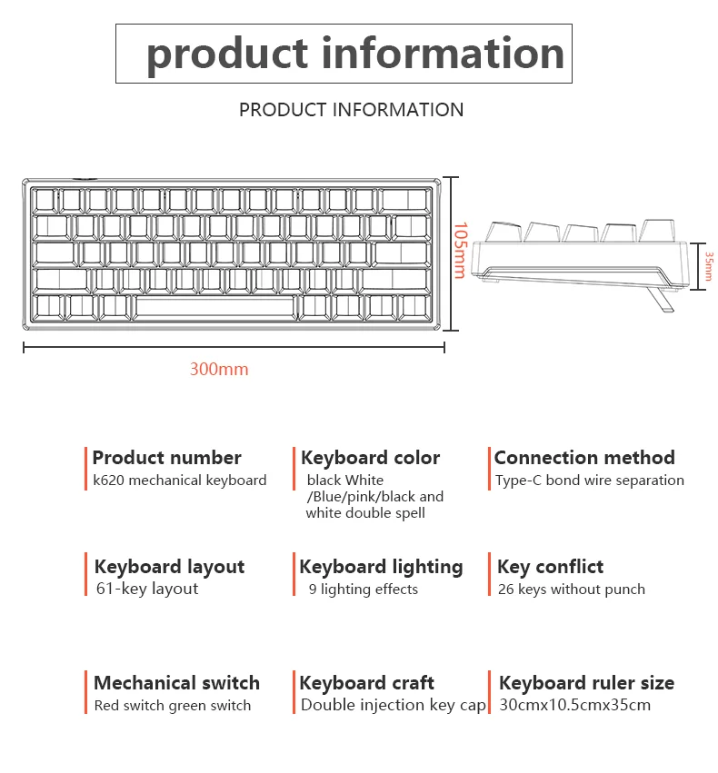 Mini Wired 61 Keys Abs Keycaps Rgb Computer Keyboards Gaming Mechanical ...