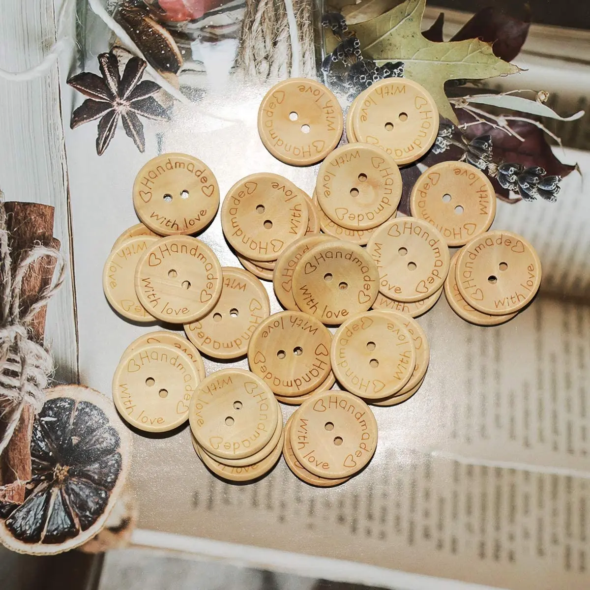 Wood Buttons, Wooden Buttons, Handmade With Love Buttons, 15mm