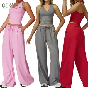 High Quality Women's Beautiful V Neck Athletic Yoga Set Gym Strength Training Comfortable and Soft Sports Straight Legs Yoga Set