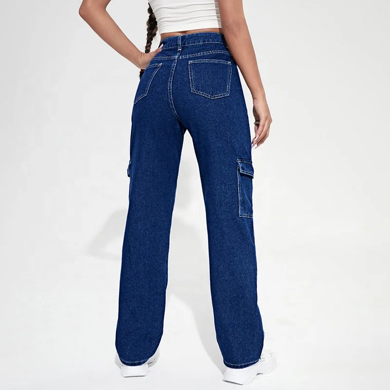 Wj278 Odm Oem Women's Jeans Cargo Pants High Waisted Flap Pocket Cargo