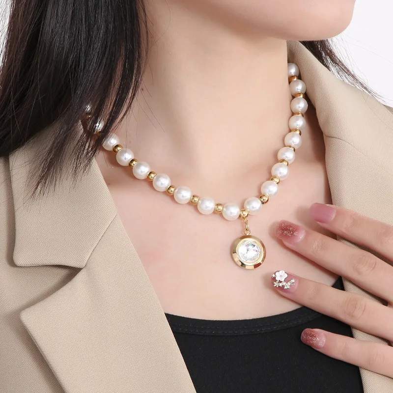 Stainless Steel Luxury Diamond Collarbone Necklace Elegant Pearl Necklace Choker For Women Buy 9386