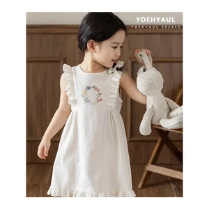 YOEHYAUL X4610 Cotton and Linen Dresses for Kids Sleeveless Fruit Embroidery 6 Year Old Girl Children's Linen Dress Sweet