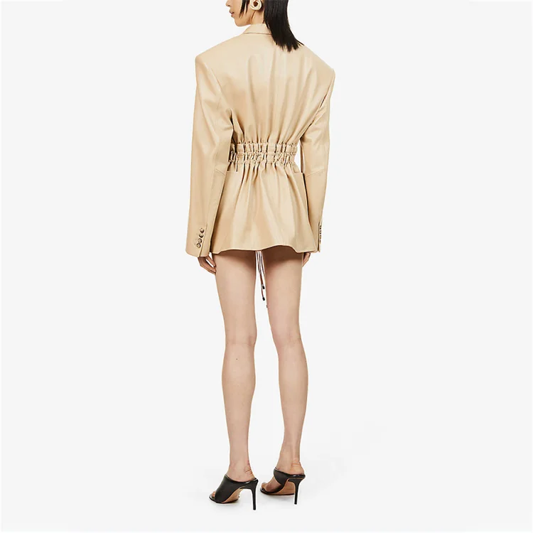 Wholesale Hourglass Drawstring Waist Tailored Soft Lightweight Women Leather blazer Jacket
