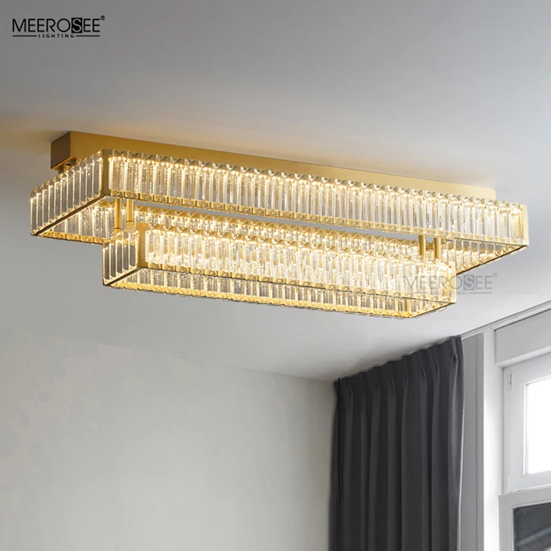 MEEROSEE Golden Pendant Lamp Copper Crystal Chandelier Light Square Rectangle Hanging light for Dinning Living Room MD87222