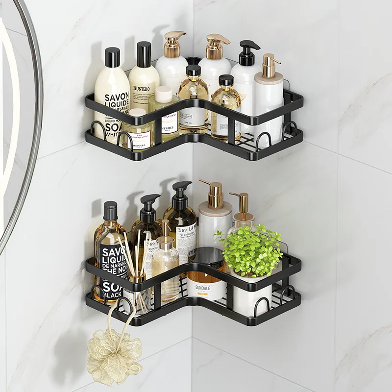 2 Pack Double Tier Wall-Mounted Iron Triangle Storage Shelf Toilet Corner Rack for Bathroom Space-Saving Storage Racks