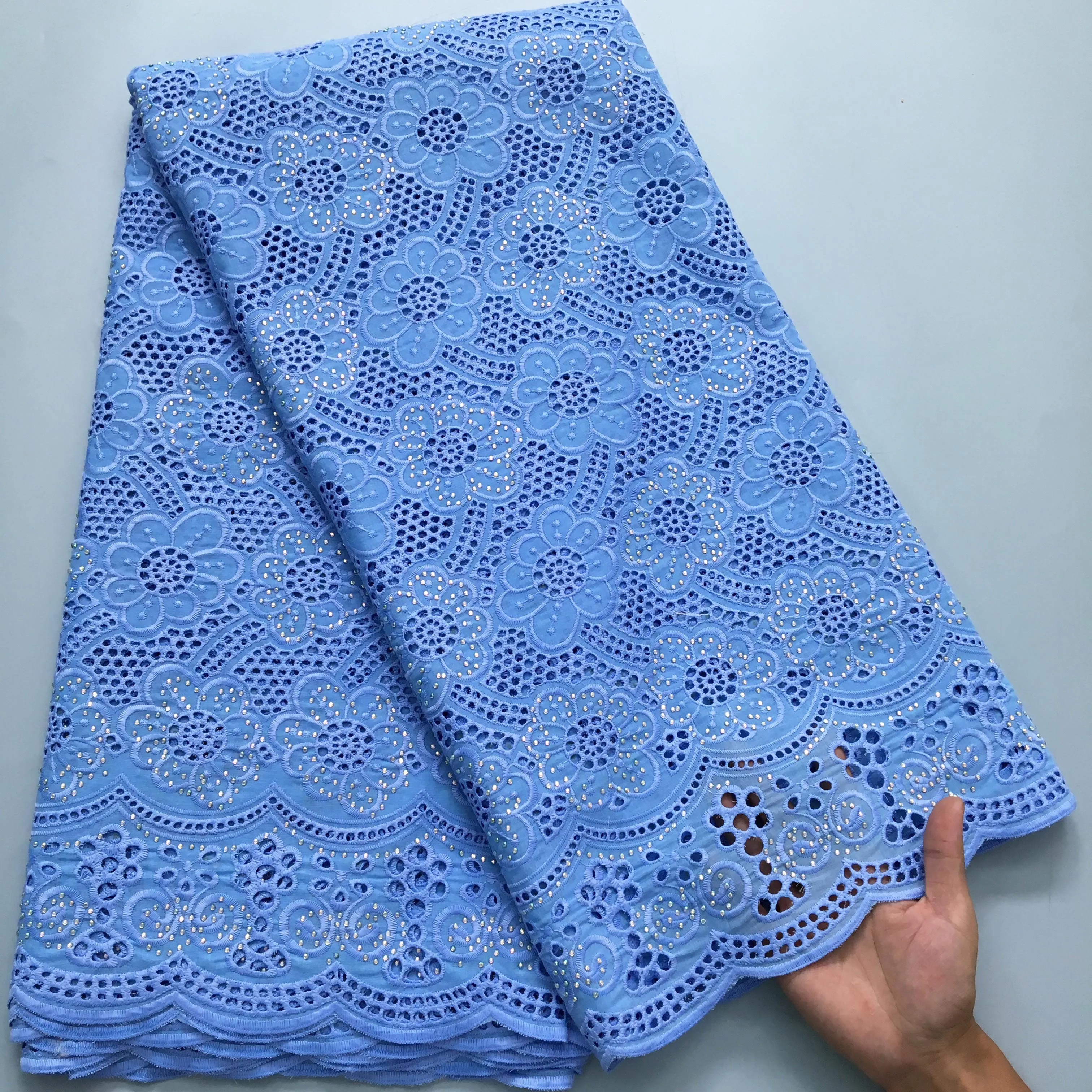 Plain Blue African Cotton Dry Lace Fabric with Rhinestones Wholesale  Embroidery Swiss Lace Fabric for Women Wedding Dresses 3974