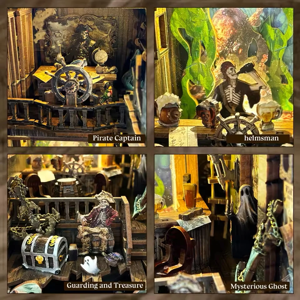 Hamaileon DIY 3D Puzzle Model Building Wooden Bookshelf Bookend Toy New World Pirate Ship Miniature Doll House