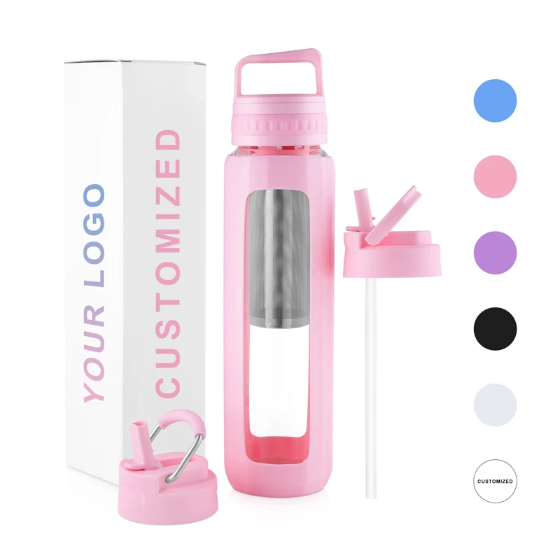 Glass Water Bottles 32 oz - Easy to Carry 1 Liter Glass Water Bottle with  Silicone Sleeve, Straw & 1 BPA Free Lid Customized
