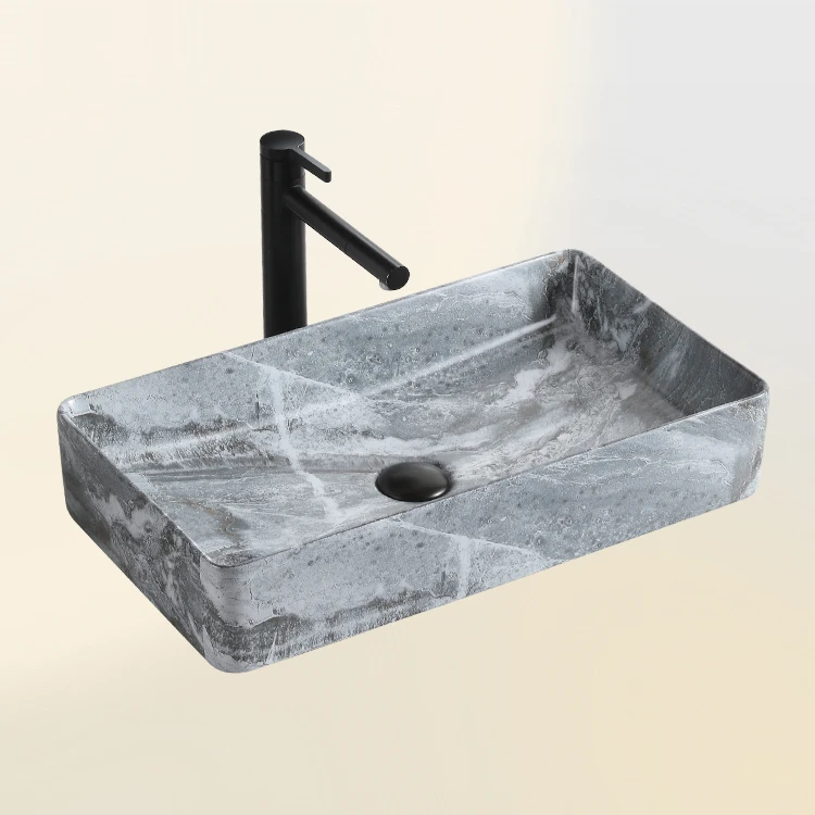 High Quality Bathroom Grey Rectangular Marbled Wash Basin Modern Ceramic Counter Top Sink