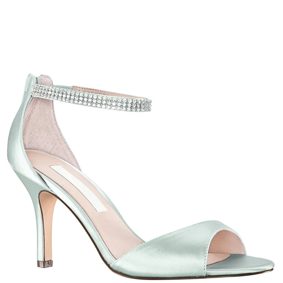 Sapatos de cetim azul claro com cristais, salto alto, sandália