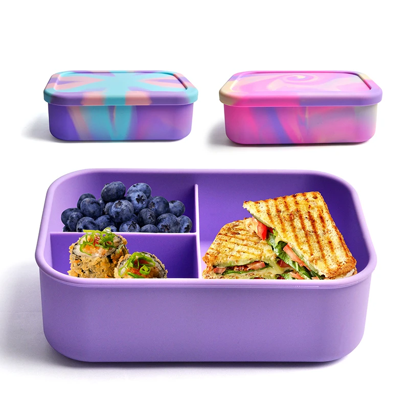 Hot Selling Food Grade Silicone Lunch Box Portable Children Kids Bento Box Microwavable 1-3L Capacity 3 Compartment Food Storage