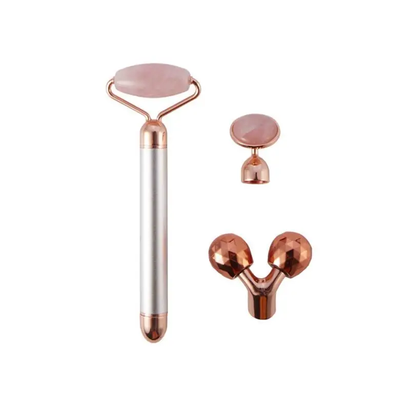 3 In 1 Electric Vibrating Jade Stone Roller Set Natural Rose Quartz Jade  Face Lifting Massager with 3 Replaceable Heads