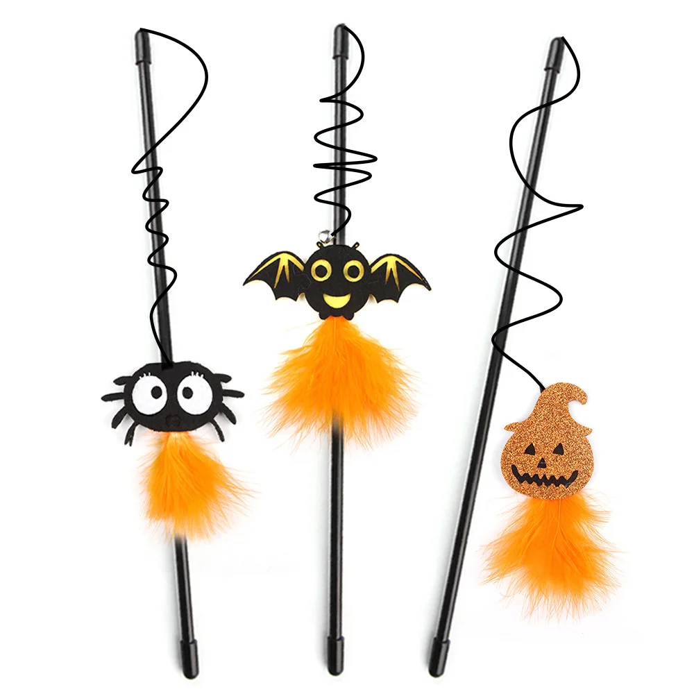 Onteractive Halloween Bat Design Cat Teaser Toy Rod Spider and Pumpkin Lantern Cat Wayer Toy With Elastic Rope