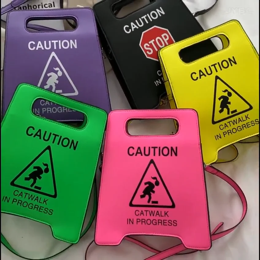 Novelty Fluorescent Stop Sign Tote Handbags For Women Fashion Caution