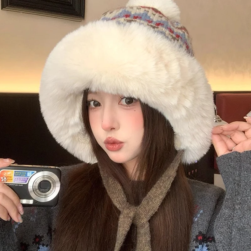 Warm Knitted Winter Hats with Plush Fur Ball for Ladies