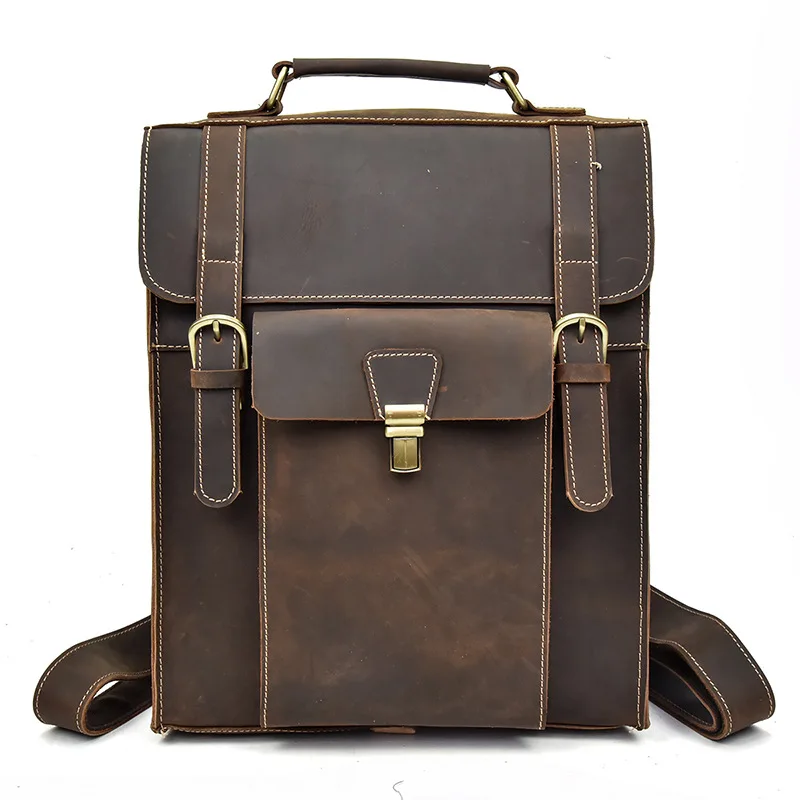 Quality No Label Multi Flap Backpack Vintage Brown Cowhide Leather Backpack for Men