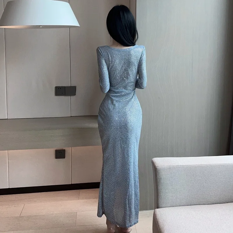 Fashion Crystal Evening Clothing Tops 2024 New Heavy Sequins V Neck High Waist Elegant Long Dress Sexy Women Party Dresses 35W9 8