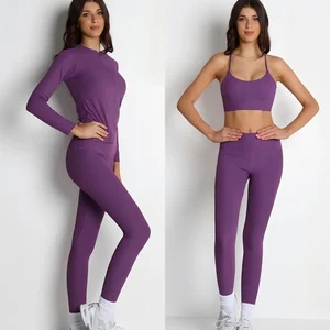Custom Logo Women Active Wear Yoga Set 3 Pieces Long Sleeve Jackets Yoga Set Pants Sets Fitness Yoga Wear for Women
