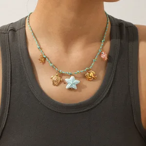 MW Style Dreamy Colorful Summer Stainless Steel Necklace 18K Gold Plated Women's Ocean Beach Charms Starfish Shell Rope Party