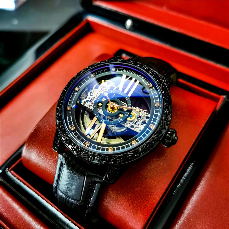Large Number 360 Skeleton Dial and Case Back Full Black Vogue Engraved Flower Case Transparent Automatic Watch Mens